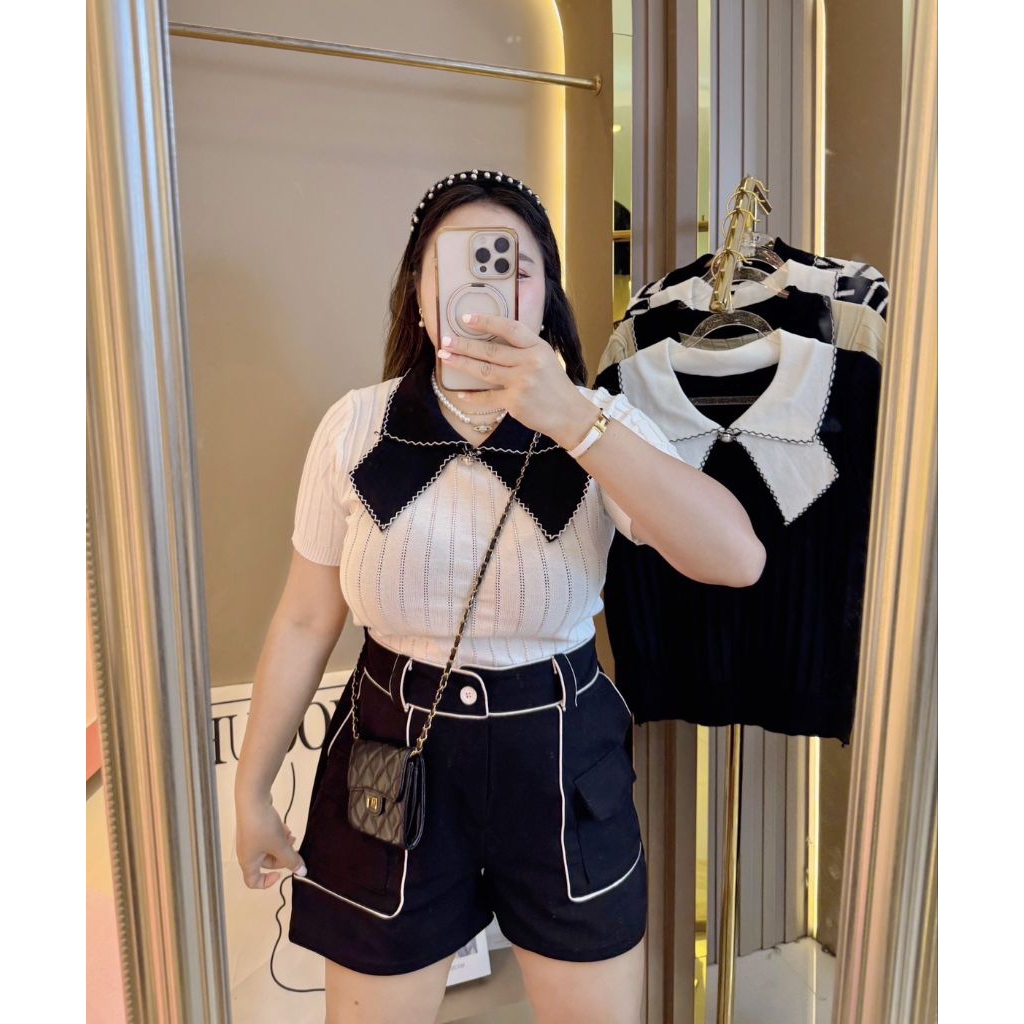 💓SETไหมพรมคอโบว์(ล2)+กางเกงขาสั้นแต่งกุ้น💓#สาวอวบ