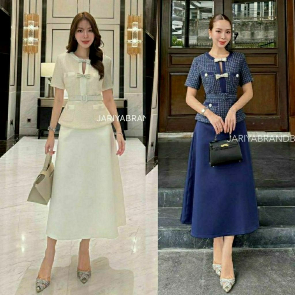 (S-XL)  Jariya 📣พร้อมส่งชุดเซ็ท3ชิ้นผ้าทวิตแต่งโบว์เพชรแขนสั้น+กระโปรงบานยาว+เข็มขัดชุดออกงานสวยหรูด