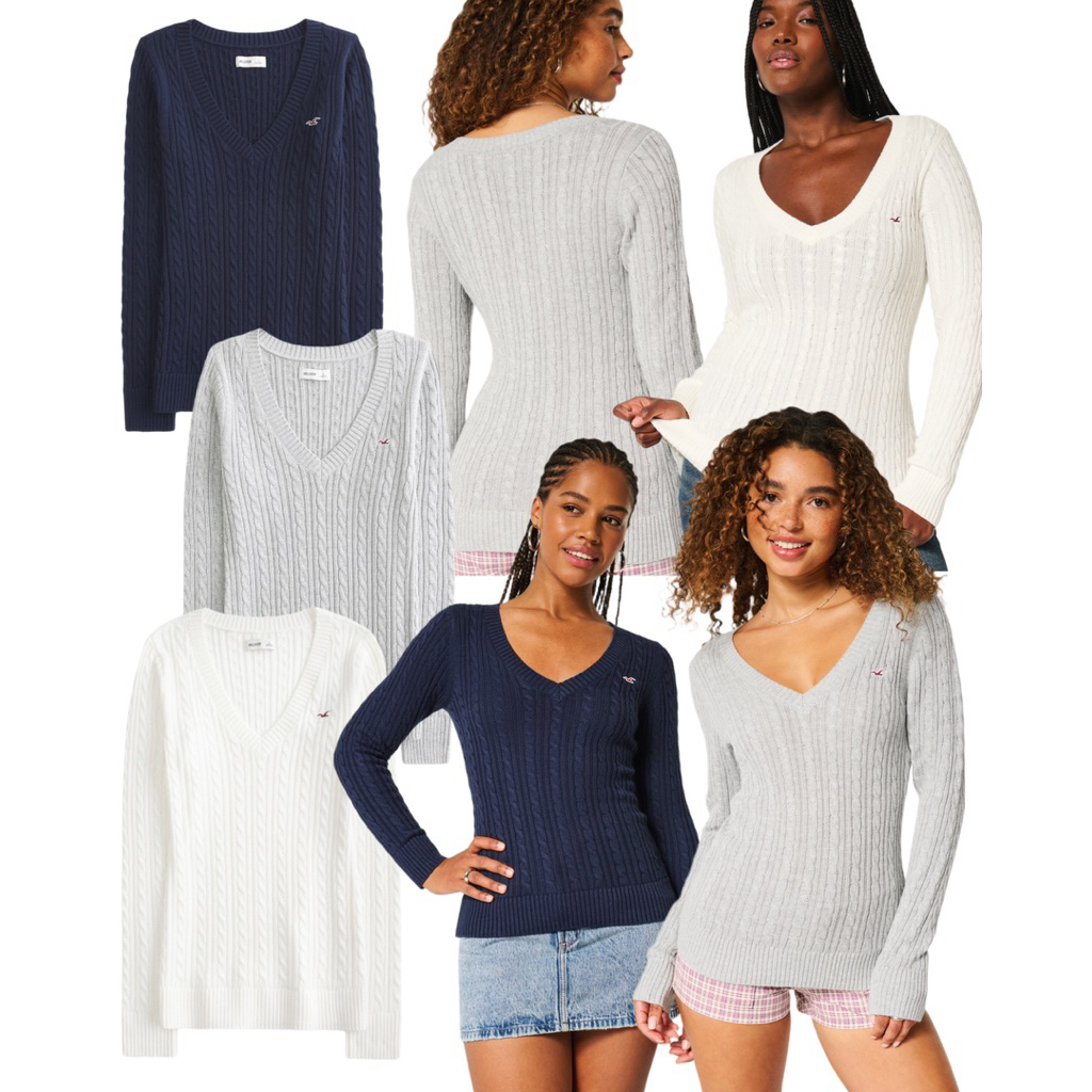 (ของแท้💯) Hollister cable-knit Icon v-neck sweater สเวตเตอร์คอวี