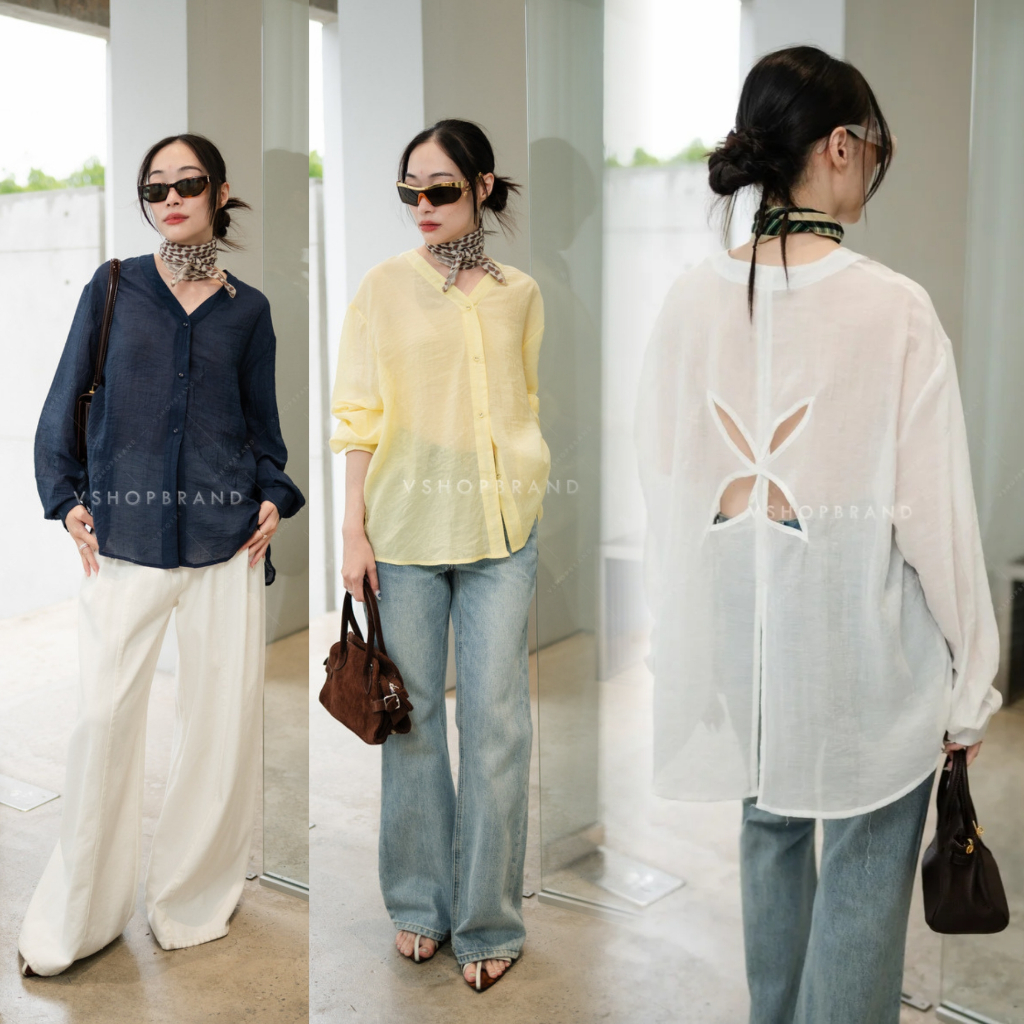 6013-3 เชิ้ตซีทรูแขนยาว ฉลุหลัง งานป้าย vshopbrand