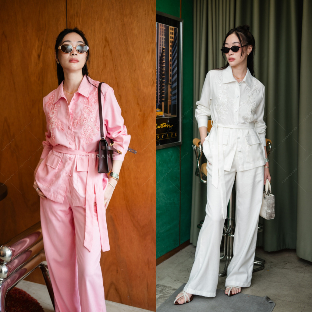 6019-3 Set เสื้อเชิ้ตแขนยาวปักกลิตเตอร์+กางเกงขายาว+เชือก งานป้าย vshopbrand