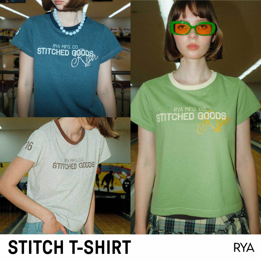 RYA Stitch T-Shirt เสื้อยืด ลายพิมพ์ กราฟฟิก ตัดต่อสี ทรงตรง ประดับเพชร นิ่ม