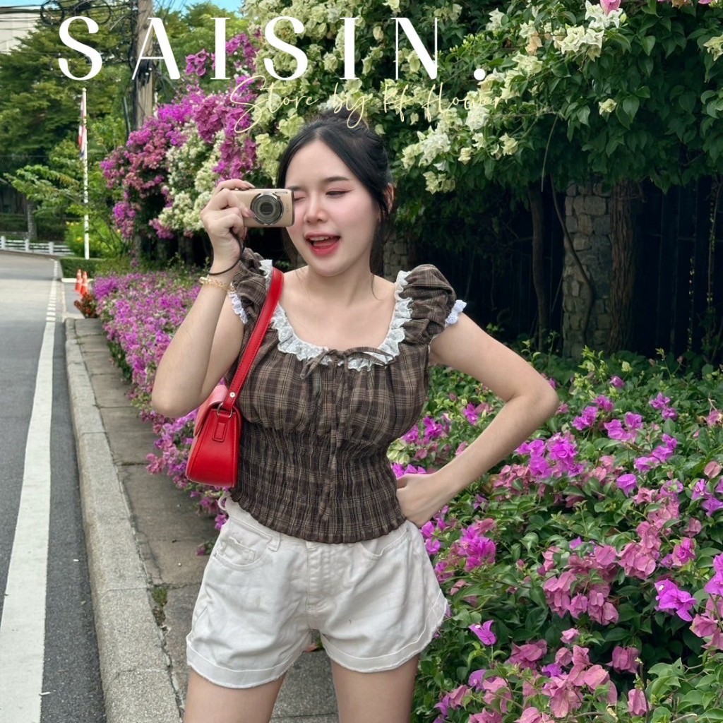 เสื้อแขนตุ๊กตาลายสก็อต คอยู แต่งขอบลูกไม้น่ารักๆ รุ่นตามหา P34