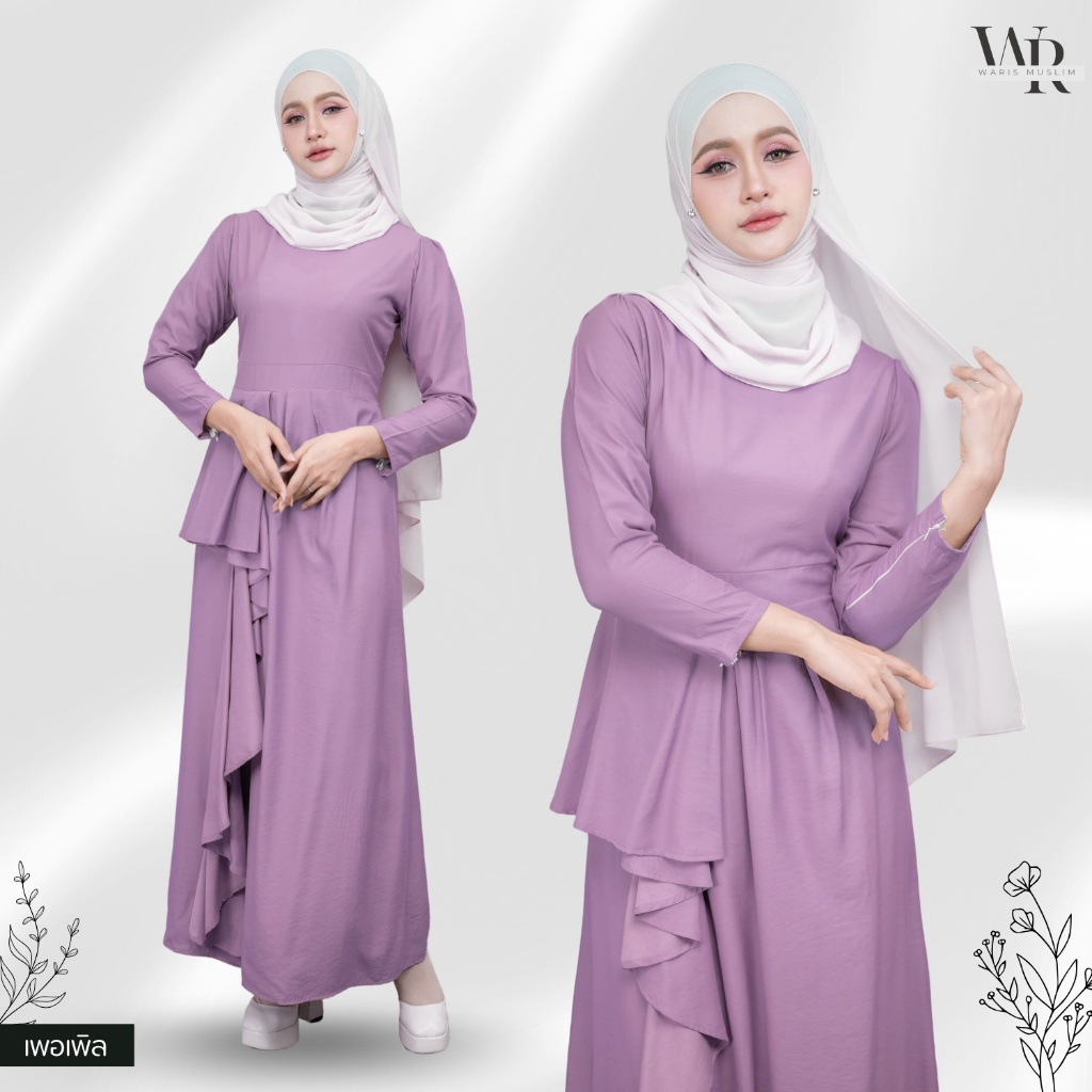 ชุดเดรสมุสลิม ผ้า Crazy คละเฉดสี ชุดออกงานอิสลาม พร้อมเชือกผูก งานซิปหลัง น่ารักมาก IN36วาริสมุสลิม