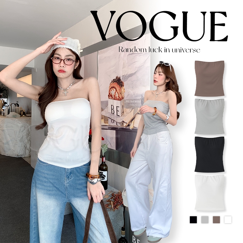 Vogue🌟พร้อมส่ง🌟 เสื้อเกาะอกสีพื้น ทรงรัดรูปพอดีตัว เสริมฟองน้ำในตัว ใส่สบายมาก (MX-4)