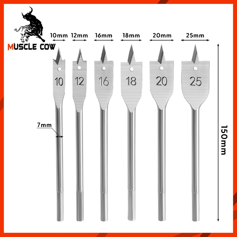 MUSCLE COW ดอกสว่านไม้แบบเจาะ ดอกสว่านก้านตรง 6 ชิ้น ขนาด 10/12/16/18/20/25 มม. สำหรับเจาะไม้ - รูปที่ 2