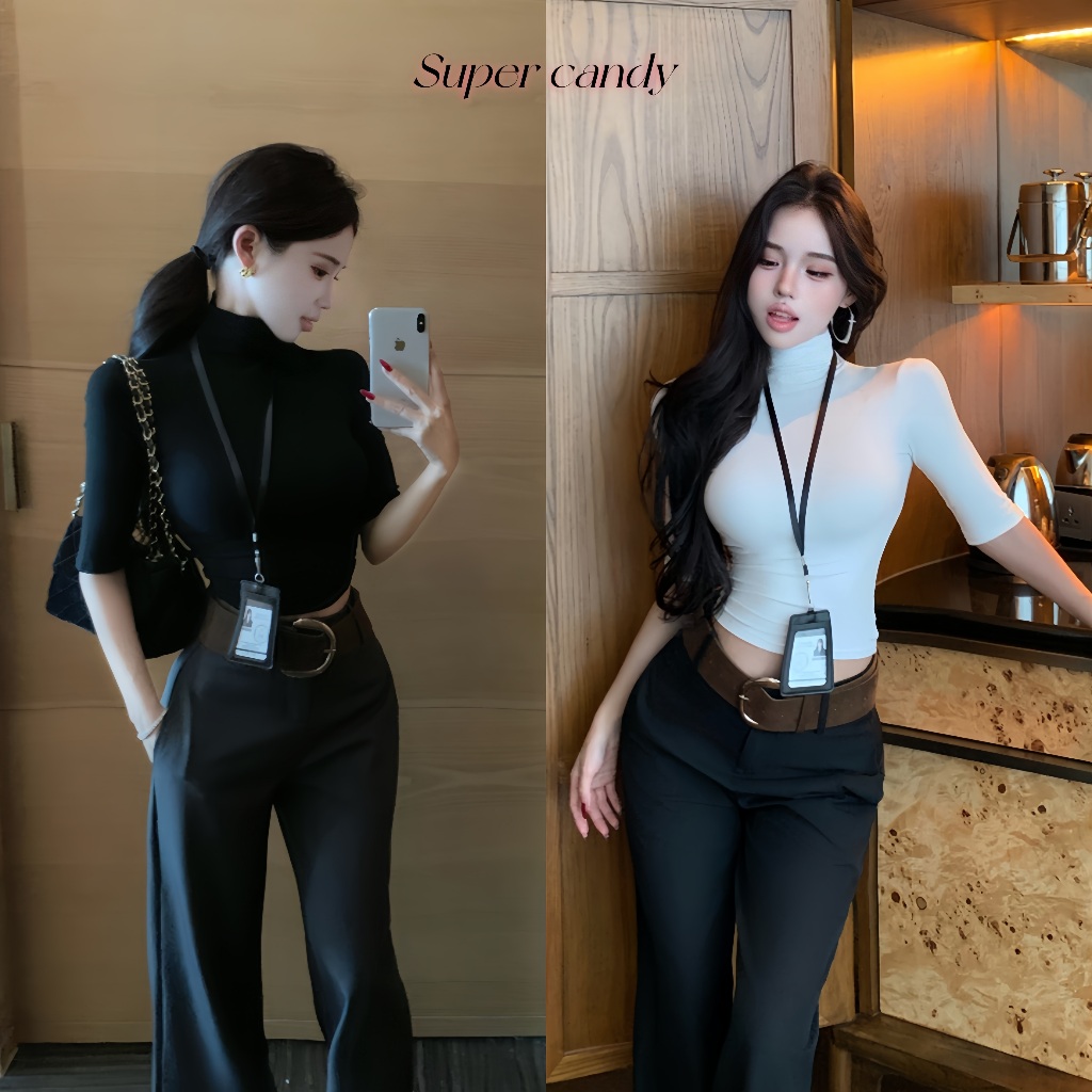 SuperCandy🌷เสื้อยืดคอสูงแขนสั้นสไตล์เกาหลี ทรงแขนกลาง เอวเข้ารูป และเสื้อยืดสีพื้น 5 ไซส์ S-2XL
