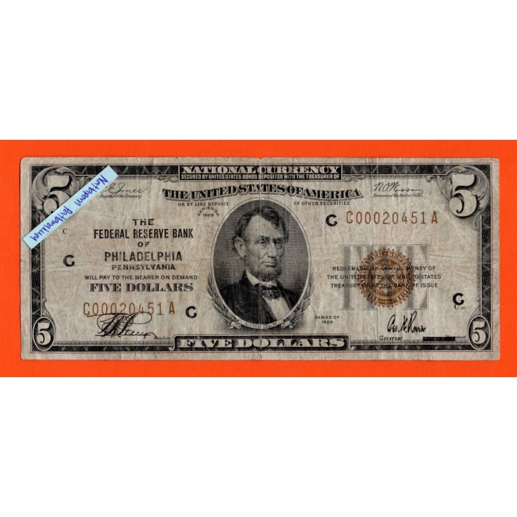 Five Dollars National Currency Philadelphia Brown Seal 1929