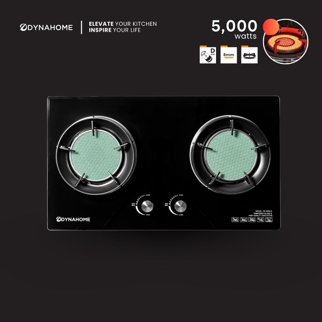 Dyna Home | DF-0922-G  รับประกันสินค้า 5 ปี เตาแก๊สหน้ากระจกนิรภัยสีดำ แบบฝัง 2 หัวเตา