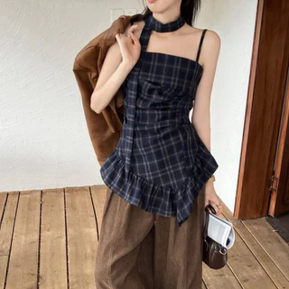 **พร้อมส่ง SM**BY0259 สายเดี่ยวลายสก็อตทรงเบี่ยงข้าง ผ้าดีมาก benly co