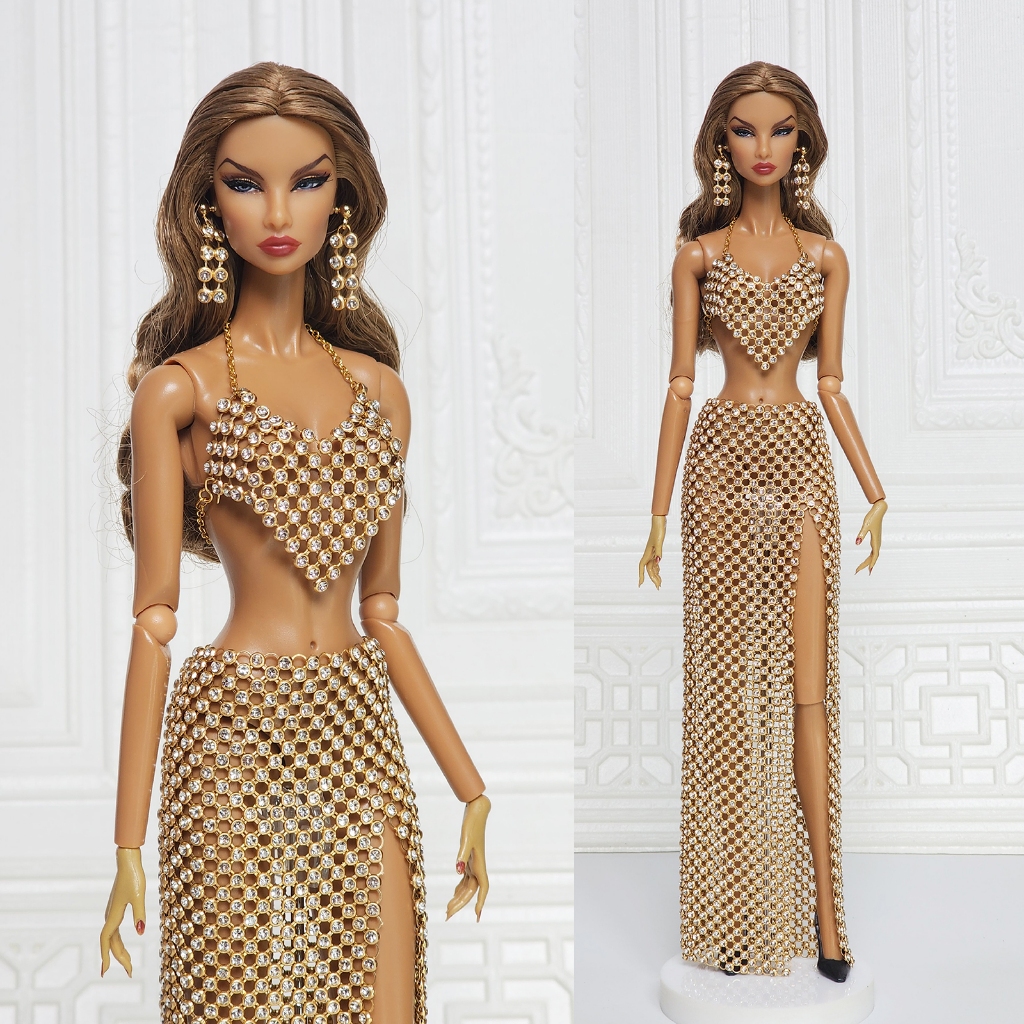 ชุดตุ๊กตา ทำมือ ตาข่ายโลหะสีทอง คริสตัล สำหรับบาร์บี้ Fashion Royalty Doll Barbie Silkstone Poppy Pa