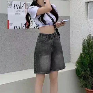 กางเกงยีนส์ขากระบอก สามส่วน SIZE S-14XL เอวสม็อคปรับกระดุม