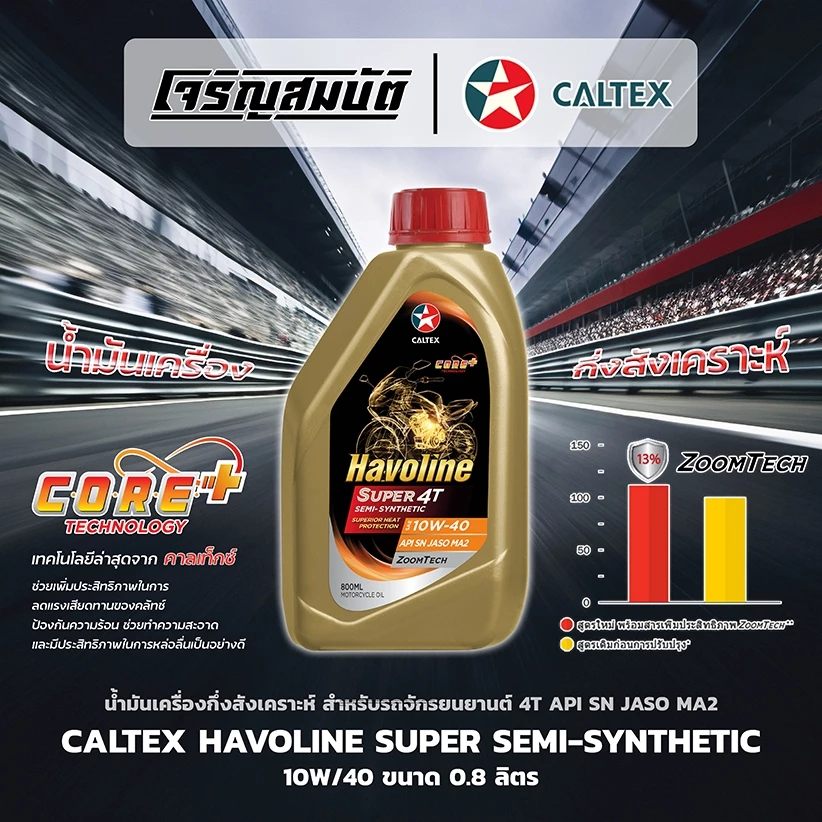 น้ำมันเครื่องกึ่งสังเคราะห์ รถจักรยนยานต์ CALTEX Havoline Super 4T Semi-Synthetic 10W-40 API SN JASO MA2 ขนาด 0.8 ลิตร