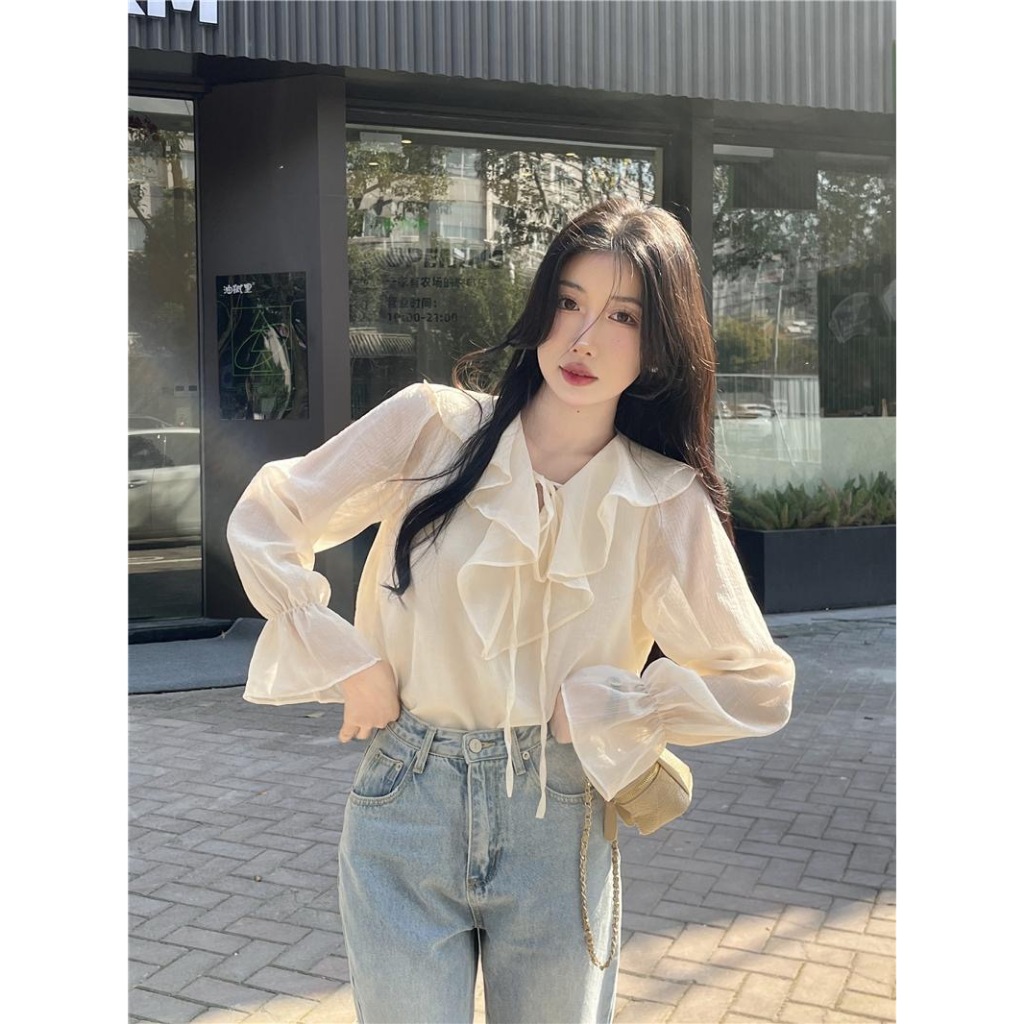 [Sheing office]🌟พร้อมส่ง🌟เสื้อแขนยาวผู้หญิง ผูกโบว์ ผ้าชีฟอง