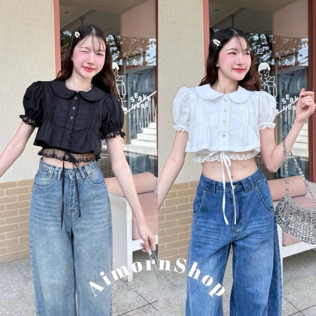 🔥aimorn_shop🔥เสื้อครอปแขนตุ๊กตา ครอปลูกไม้ คอบัว แต่งดกระดุมน่ารักๆ ชายเสื้อแต่งลูกไม้