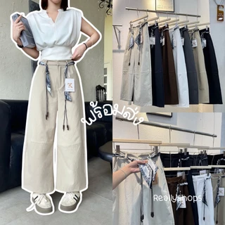 Reallyshops #9339(K) กางเกงขายาวทรงกระบอกขาต่อ+เข็มขัดแต่งเอว เอวยางยืด ผู้หญิง พร้อมส่ง