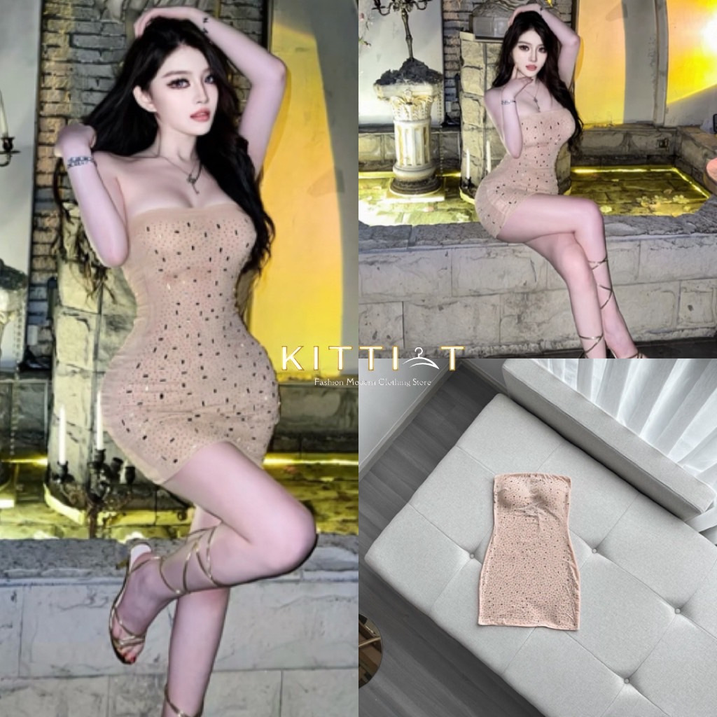 KT883 KITTI-T BRAND ชุดเดรสสั้นจิบไวน์ เนื้อผ้ายืดตกแต่งเพชร [2PM]