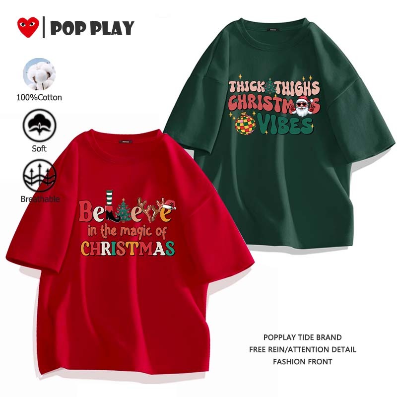 เสื้อยืดลาย Merry Christmas คอตตอน 100% ใส่ได้ทั้งชายและหญิง (ส่งเร็วจากไทย)