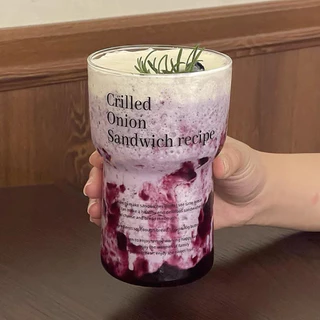 (หลอดแก้วฟรี) แก้วน้ำ แก้วกาแฟ ชาเขียว 580 ml สกรีนลาย อักษรภาษาอังกฤษ ทนความร้อน วัสดุแก้ว