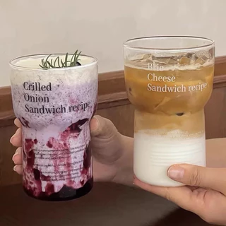 (หลอดแก้วฟรี) แก้วน้ำ แก้วกาแฟ ชาเขียว 580 ml สกรีนลาย อักษรภาษาอังกฤษ ทนความร้อน วัสดุแก้ว