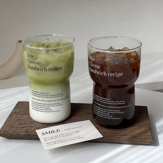 (หลอดแก้วฟรี) แก้วน้ำ แก้วกาแฟ ชาเขียว 580 ml สกรีนลาย อักษรภาษาอังกฤษ ทนความร้อน วัสดุแก้ว