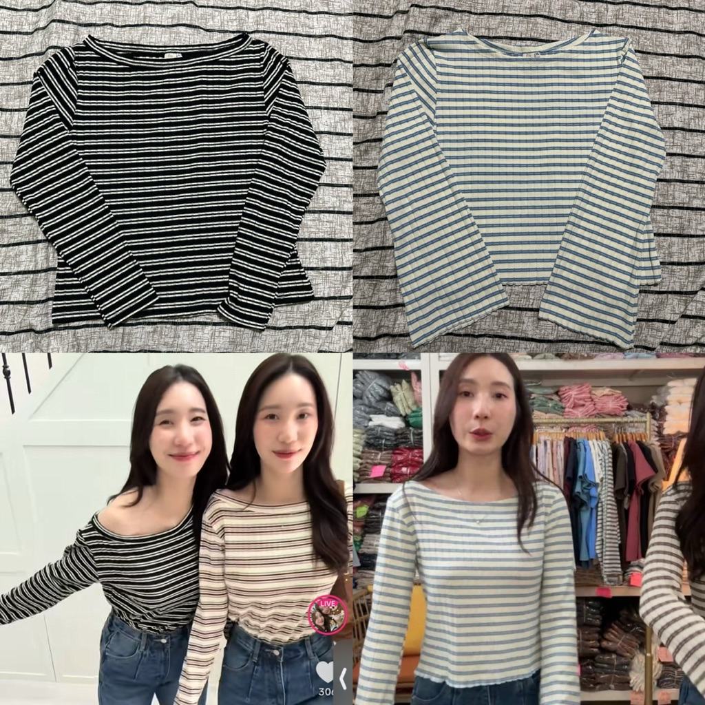 ส่งต่องานมือ1 เสื้อแขนยาวปาดไหล่ลายริ้ว จากร้านฝาแฝด(ranfafaet.kloset)