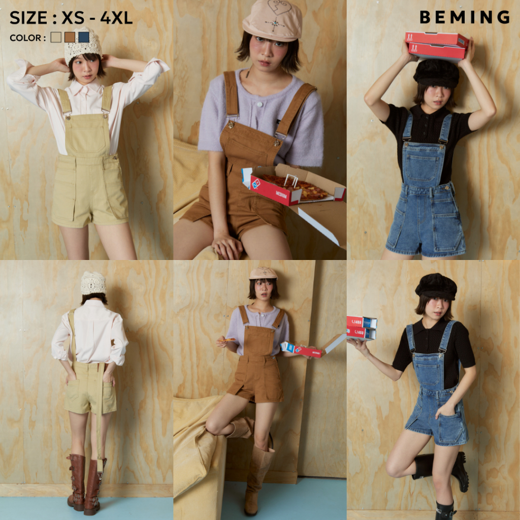 Bemingjeans085(XS-4XL)-Utility Short Overalls – เอี๊ยมขาสั้นทรงเท่ ที่หยิบมาใส่ได้ทุกลุค