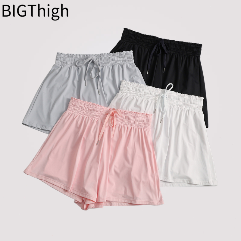 Big Thigh กางเกงขาสั้นสตรีเอวสูง ผ้าบาง เย็นสบาย ระบายเหงื่อเร็ว ใส่ออกกำลังกายและโยคะ มีซับใน