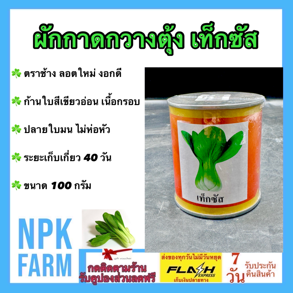 กวางตุ้งฮ่องเต้ เท็กซัส ขนาด 100 กรัม หมดอายุ 01-2570 กวางตุ้ง ไต้หวัน ผลผลิตสูง ปลายใบมน ไม่ห่อหัว