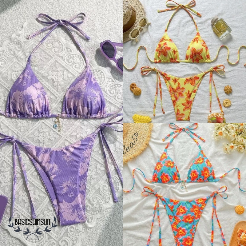 🧡Basic swimsuit💛 บิกินี่ใหม่ ชุดว่ายน้ำทูพีซ ลายดอกไม้ สดใสและสง่างาม สามสี เนื้อผ้าใส่สบาย