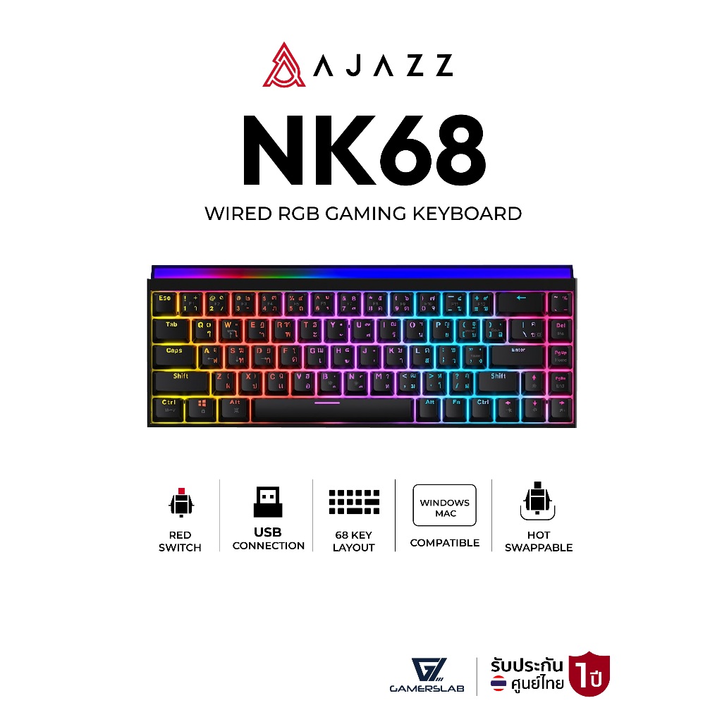 Ajazz NK68 Wired TH Rainbow Lighting Red Switch Gaming Keyboard คีย์บอร์ดเกมมิ่งรับประกัน 1 ปี