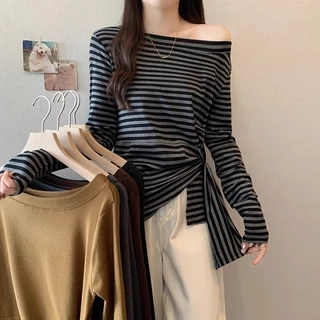 เสื้อยืดผู้หญิงแขนยาวสีดำลายทาง คอเอียงเปิดไหล่ มีสายผูก รุ่นใหม่ 2025 ทรงเข้ารูป พรางหุ่น แมทช์ง่าย