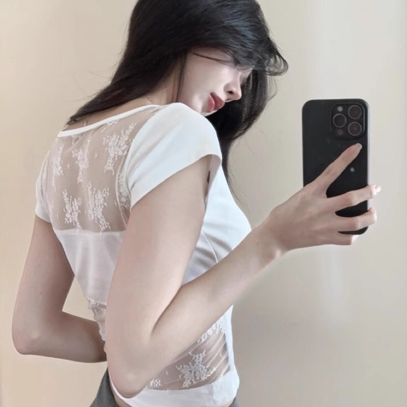 เสื้อยืดแขนสั้นรัดรูปหลังซีทรู  ดีเทลลูกไม้ พร้อมส่งจากในไทย มีฟองน้ำ ใส่สวยเซ็กซี่ รูปที่ 6