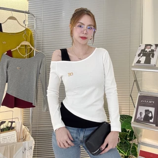 099-100 เสื้อยืดแขนยาว ทูโทนเบี่ยงไหล่ ผ้าCotton supersoft