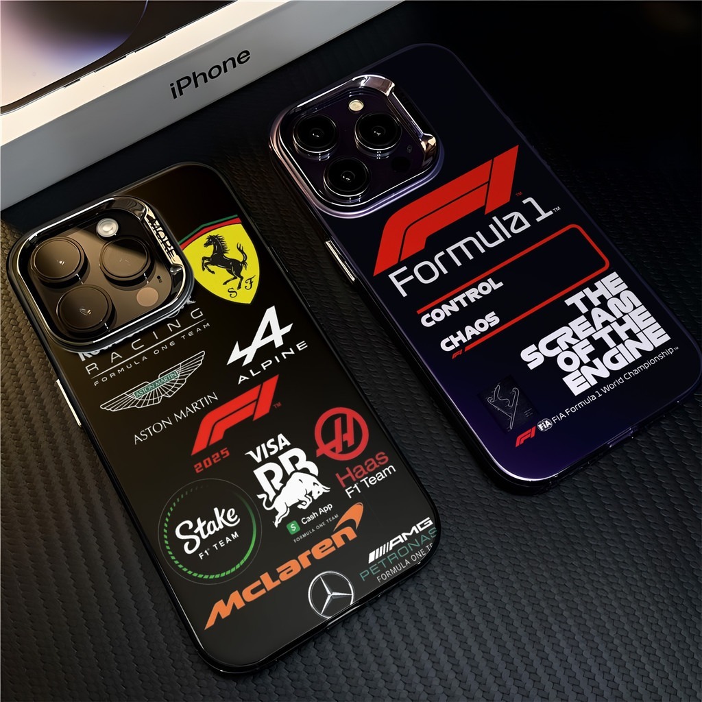F1 รถแข่ง Logo เคสสําหรับiPhone 17 16 Pro Max 15 XR 13 11 X แฟชั่นชุบโลหะCool Creativeแบรนด์อินเทรนด์เคสซิลิโคนอ่อนนุ่ม