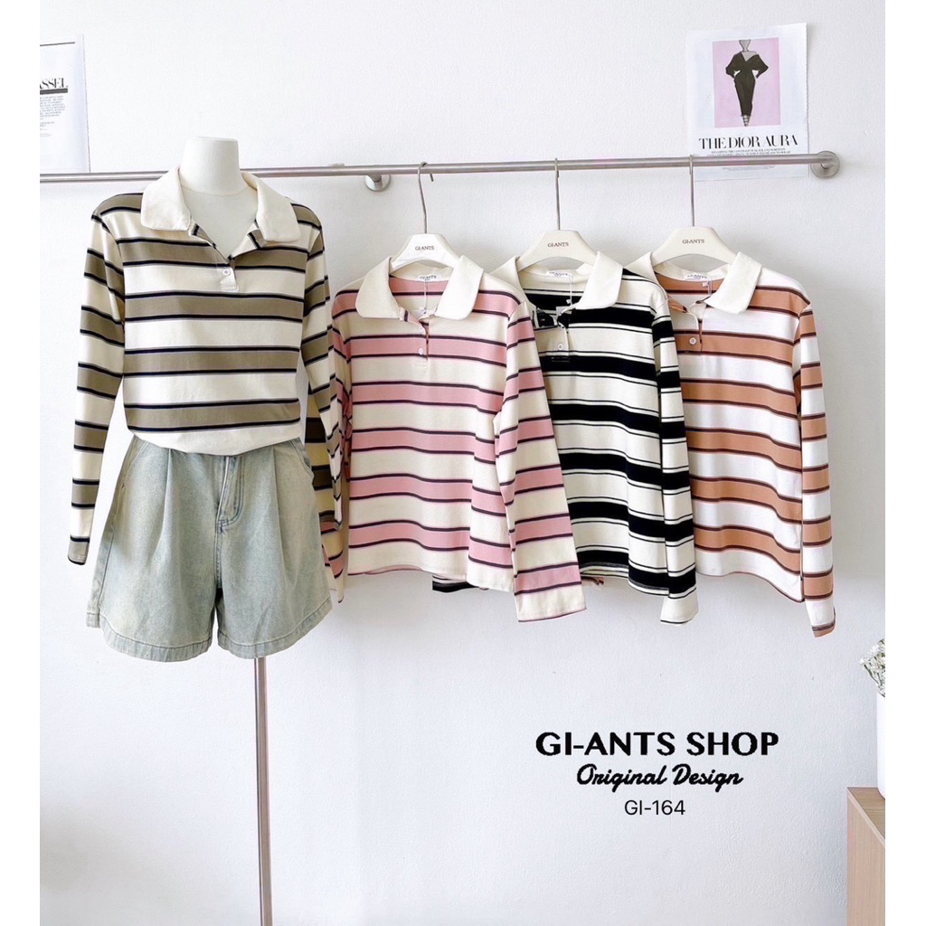 GI-ANTS (GI-164) เสื้อคอปกแขนยาว ผ้าCottonริ้ว กระดุมใช้งานได้ค่ะ