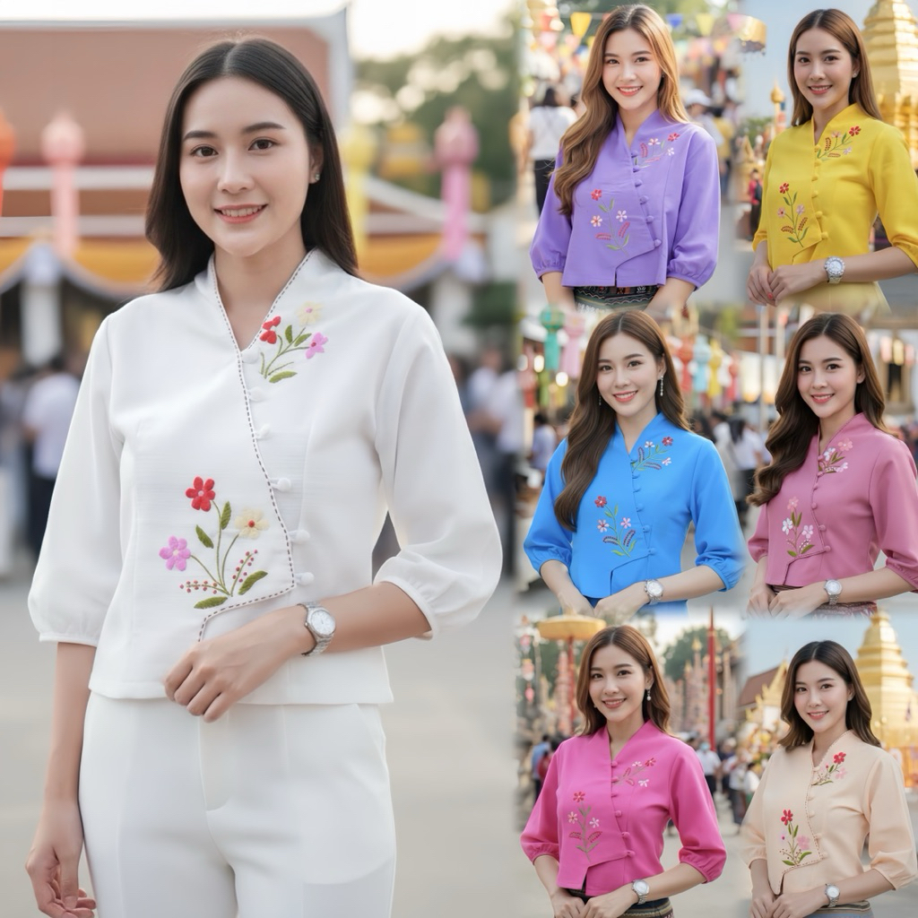 เสื้อพื้นเมืองผู้หญิง ปลายแขนพอง แบบทรงป้าย ปักดอกด้วยมือ