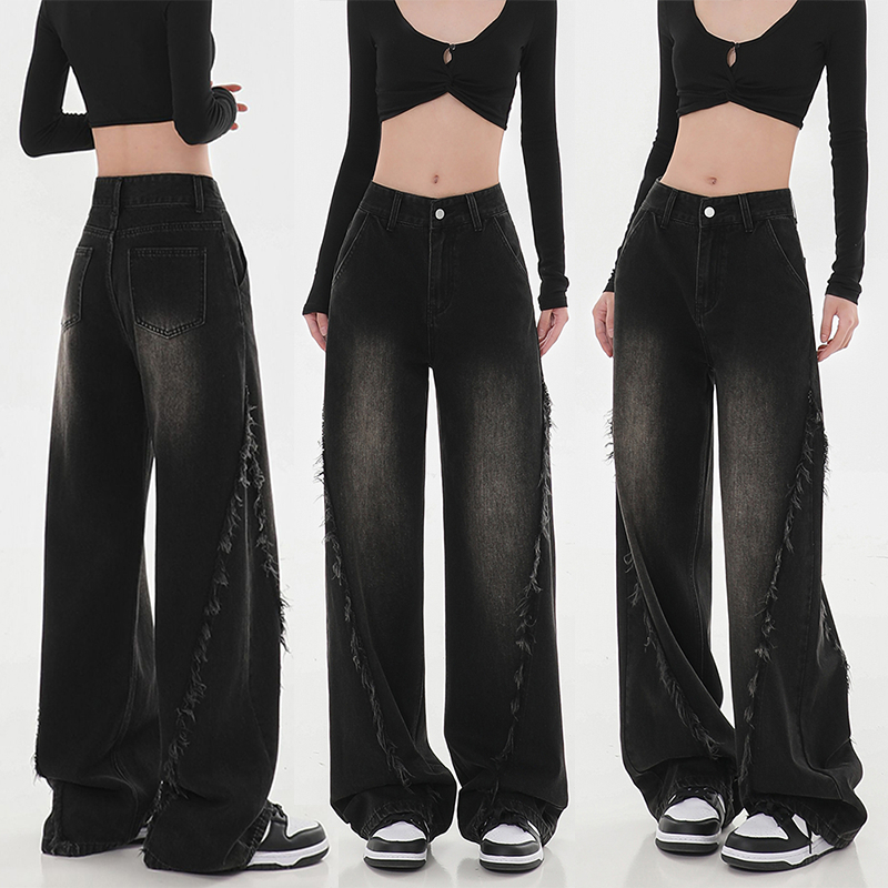 S-5XL กางเกงยีนส์ขาตรง สีดำ แบบวินเทจ - มีขอบเนื้อผ้า กางเกงยีนส์ผู้หญิง เอวสูง ใส่สบาย