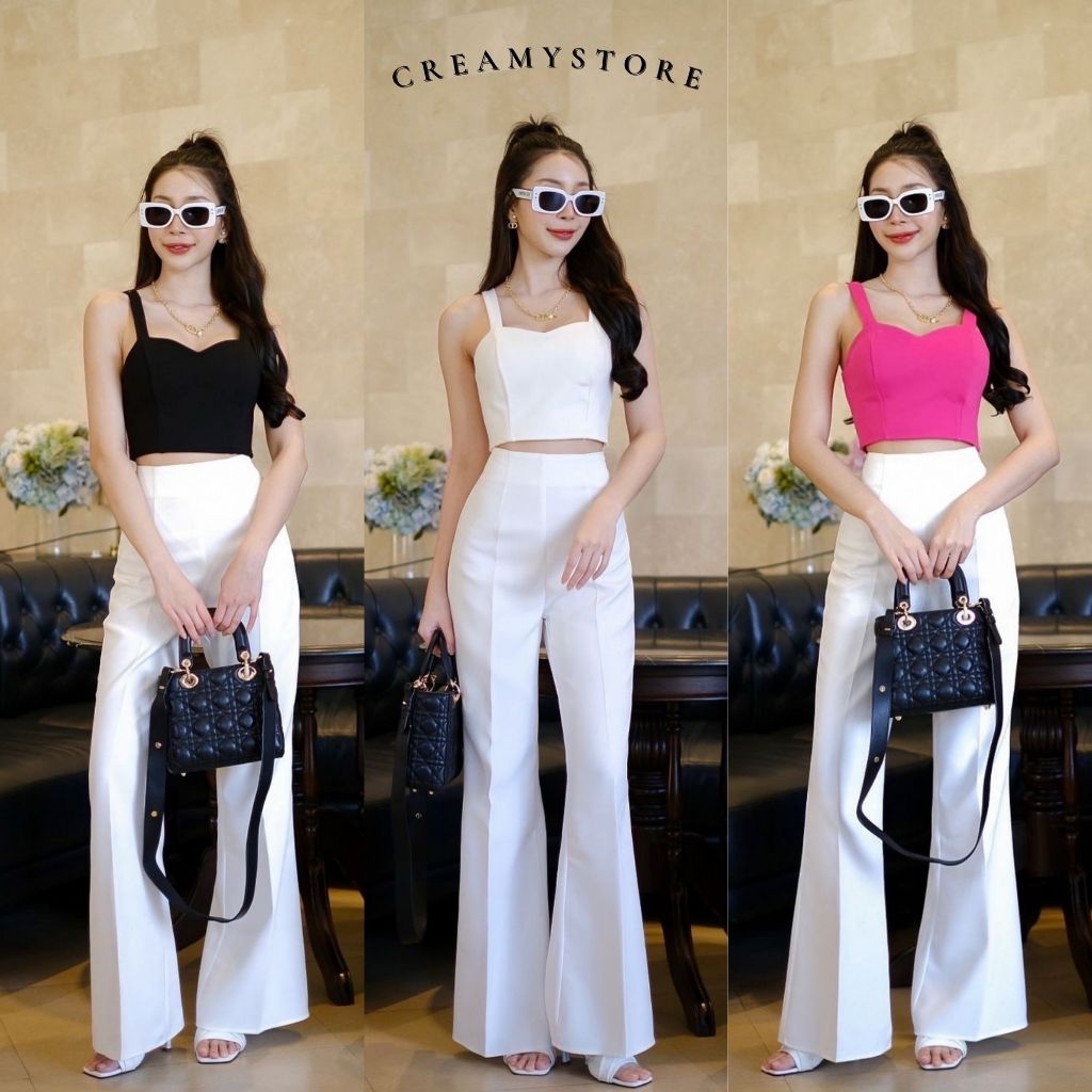 CreamyStore เสื้อครอปสายเดี่ยว มีฟองน้ำในตัว ผ้าเทพยืด งานป้ายPrisana