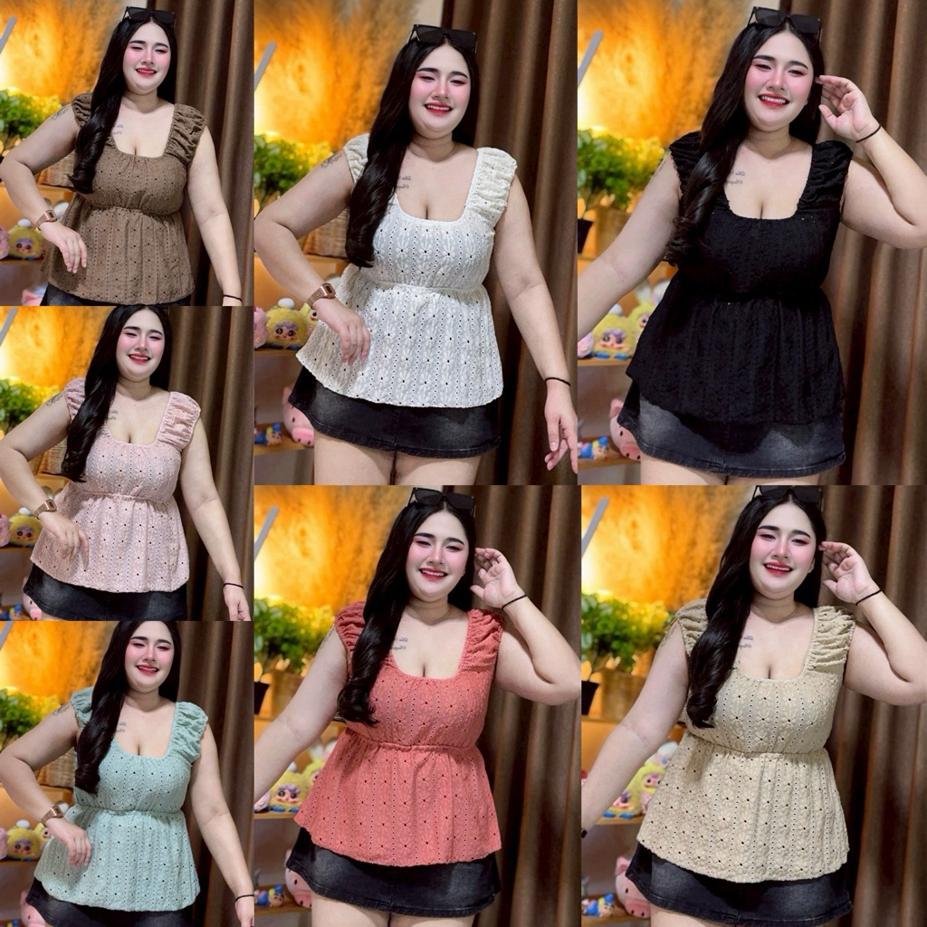 เสื้อสาวอวบ อก38-46 ฉลุรูปดอกไม้ สายเดี่ยว ชายระบาย ทรงสวยน่ารัก (A95)