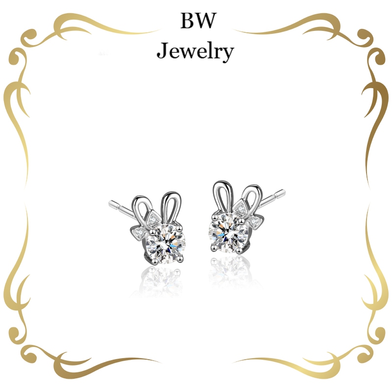 BWjewerly ต่างหูกระต่ายเงินสเตอร์ลิง 925 ประดับโมซาไนต์หนึ่งกะรัตสำหรับผู้หญิง ต่างหู 4 กรงเล็บ ของขวัญแฟชั่น