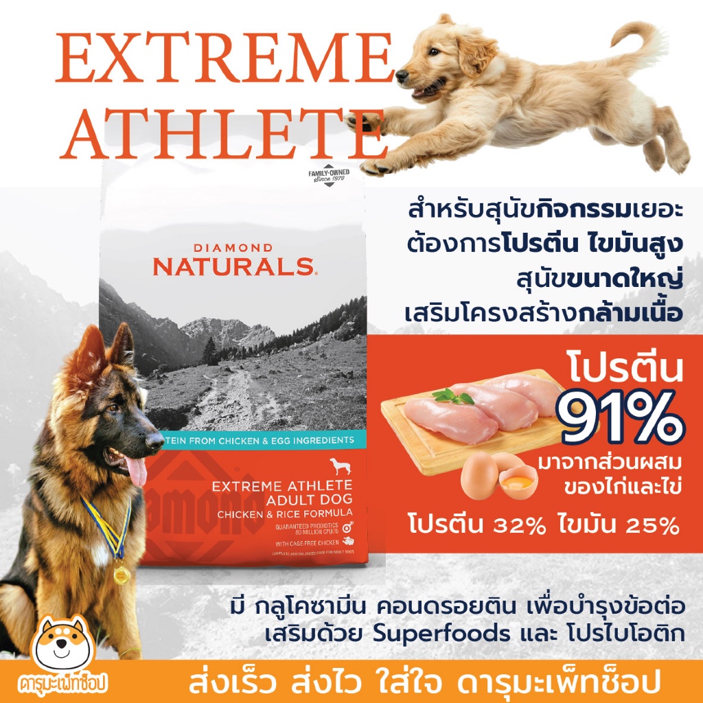 อาหารสุนัข Diamond Naturals Extreme Athlete สำหรับสุนัขที่มีกิจกรรมสูง ช่วยเสริมโครงสร้าง 18.18 Kg