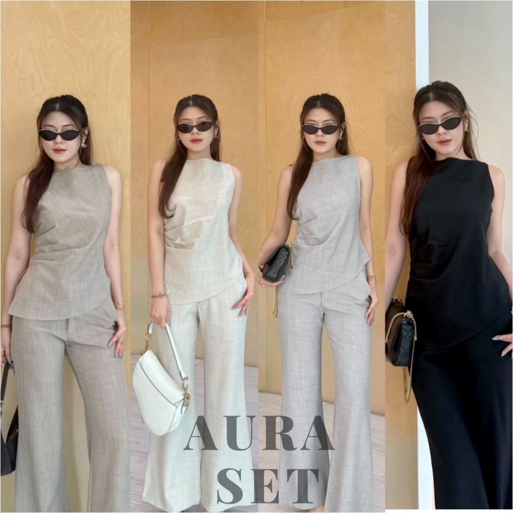 Aura set - ชุดเซ็ท 2 ชิ้นขายาว ชุดเซ็ทขายาว เสื้อคอเต่อ แขนกุดตัวยาวแต่งจับหน้า เรียบหรู ออกงาน BETTY (ฺB033)