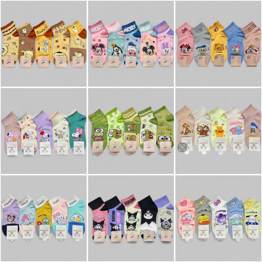 New ถุงเท้าข้อกลางลายใหม่ งานป้ายลายการ์ตูนน่ารัก 1เซต5คู่ พร้อมส่งในไทย