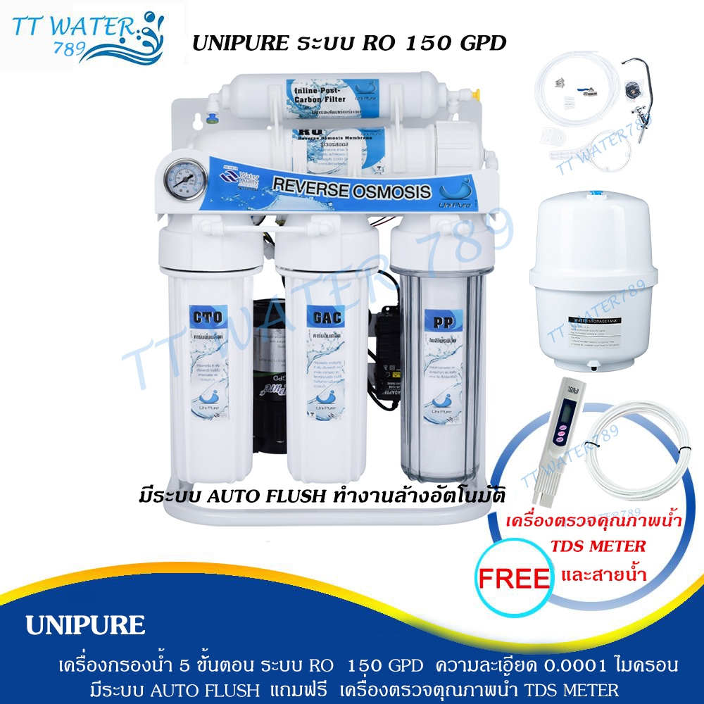 UNI PURE เครื่องกรองน้ำ 5 ขั้นตอน ระบบ RO 150 GPD มีเกจวัด และขาตั้ง แถมฟรี เครื่องตรวจน้ำ TDS และสายน้ำ 5 ม.