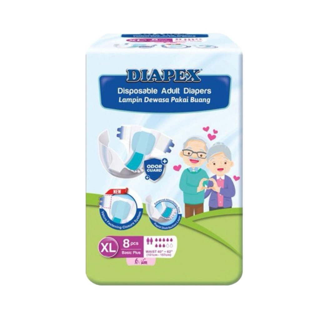 Diapex Basix Plus Adult Tape Diaper (Size M 10s/ L 8s / XL 8s) | Enhanced Light Absorbency Layer