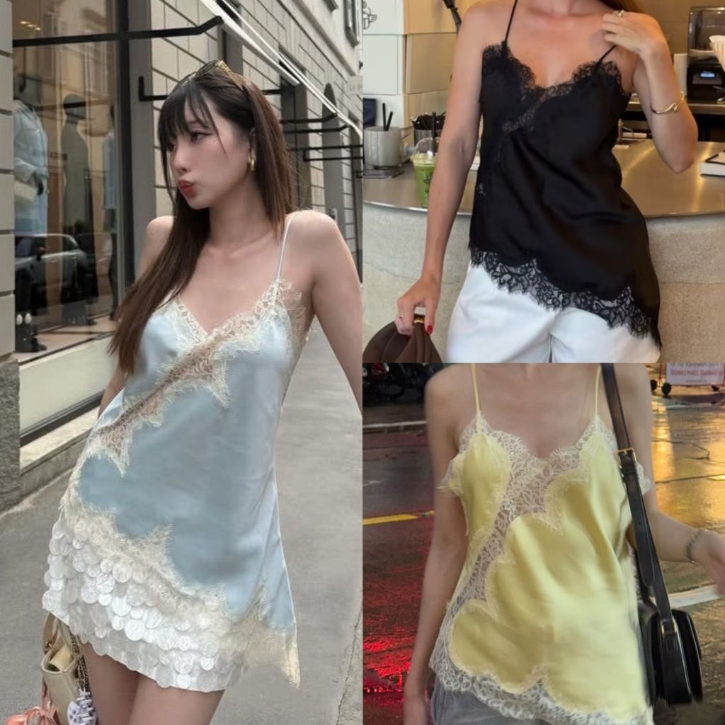 Emily lace : เสื้อสายเดี่ยวปลายเฉียงผ้าซาติน ดีเทลแต่งลูกไม้ซีทรู โชว์หลัง สายปรับได้