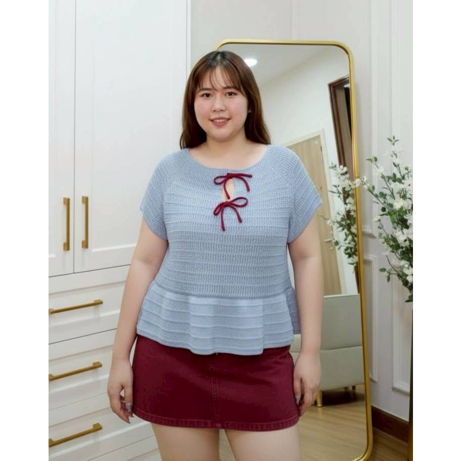 เสื้อไหมพรม MP35 รุ่นโบว์ปลายระบาย ฟรีไซส์ รอบอก 42-54” | เสื้อไหมพรมสาวอวบ เสื้อแฟชั่นผู้หญิง