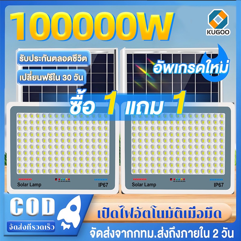 Kugoo ซื้อ 1 แถม 1 ไฟโซล่าเซลล์ 100000W IP67 กันน้ำ กันฟ้าผ่า โซลาร์เซลล์ Solar Light ไฟ led ไฟสปอร์ตไลท์ ไฟถนน เปิดปิดอ