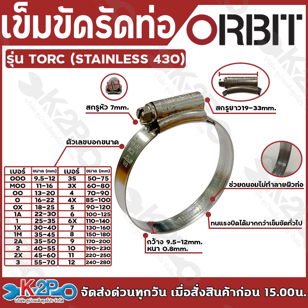 เข็มขัด รัดท่อ ORBIT รุ่น TORC W3 กิ๊บรัด ออบิท ผลิตจากแสตนเลสทั้งตัว ทนแรงบิดสูง รับประกันคุณภาพ